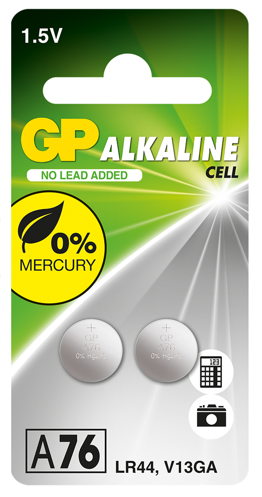 G342//Alcalina LR44 A76 11,60 x 5,40 1,5 v 110 mAh, mercury free blister 2 unidades