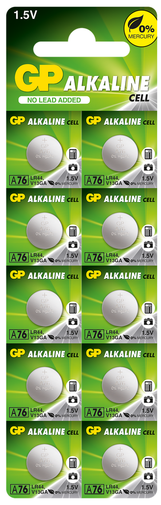 G343//Alcalina LR44 A76 ,60 x 5,40 1,5 v 110 mAh mercury free blister 10 unidades